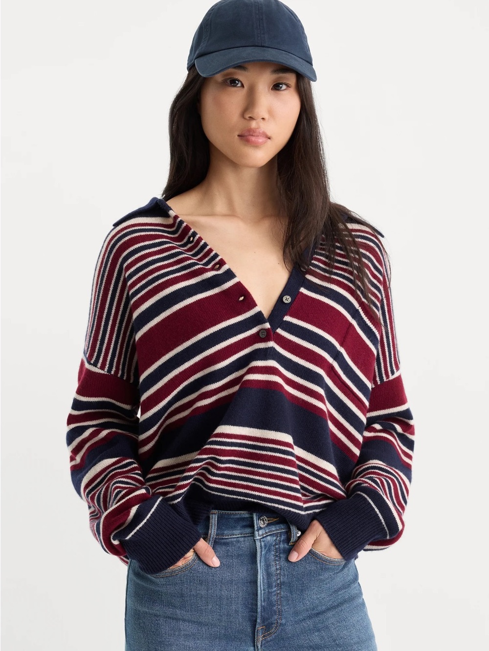 Good American The Oversized Rugby Sweater Cashmere Multi Stripe S NWT